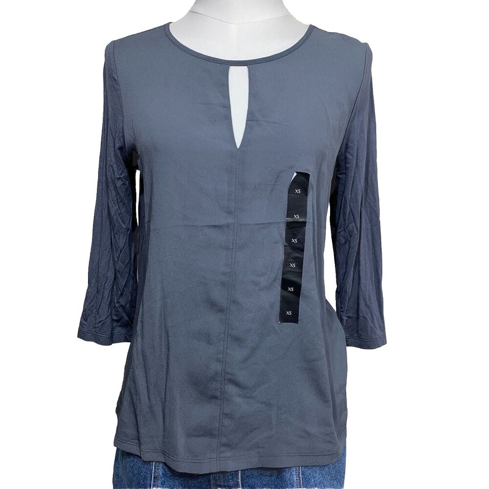 Banana Republic Mixed Media Top‎ Women XS Slate Blue Keyhole 3/4 Sleeve Blouse